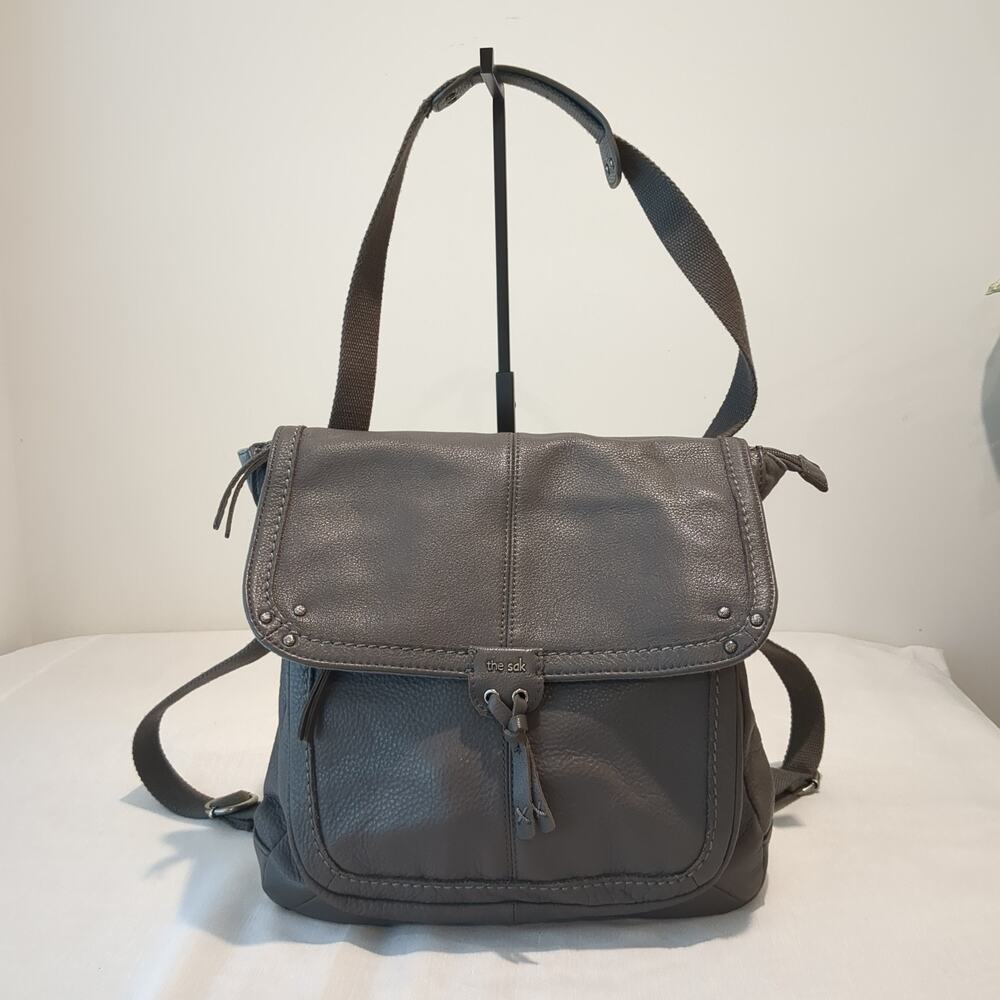 The Sak Leather Convertible Backpack Boho Grey Messenger Shoulder Bag Flap